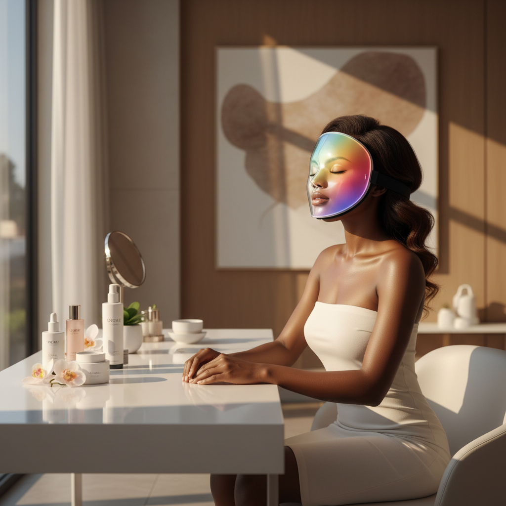 Woman wearing EverGlow LED Photon Beauty Mask in a luxury spa setting