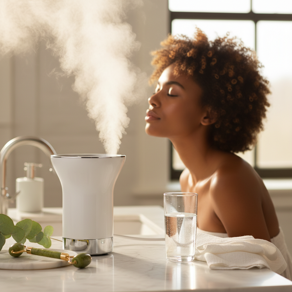 EverGlow Facial Steamer emitting soft mist on a marble vanity in a luxury spa setting