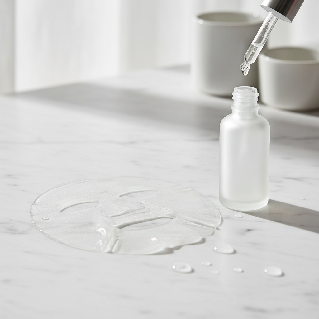 Collagen sheet mask flat lay on marble surface with serum bottle