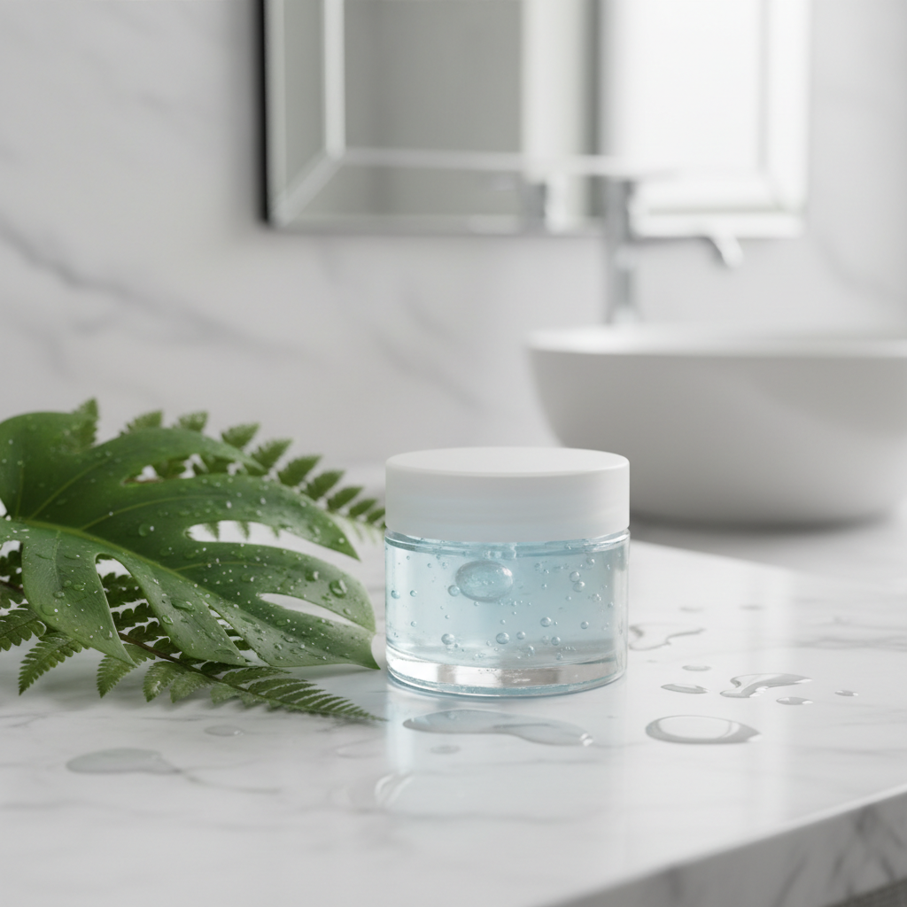 Collagen overnight sleeping gel mask in glass jar on bathroom countertop