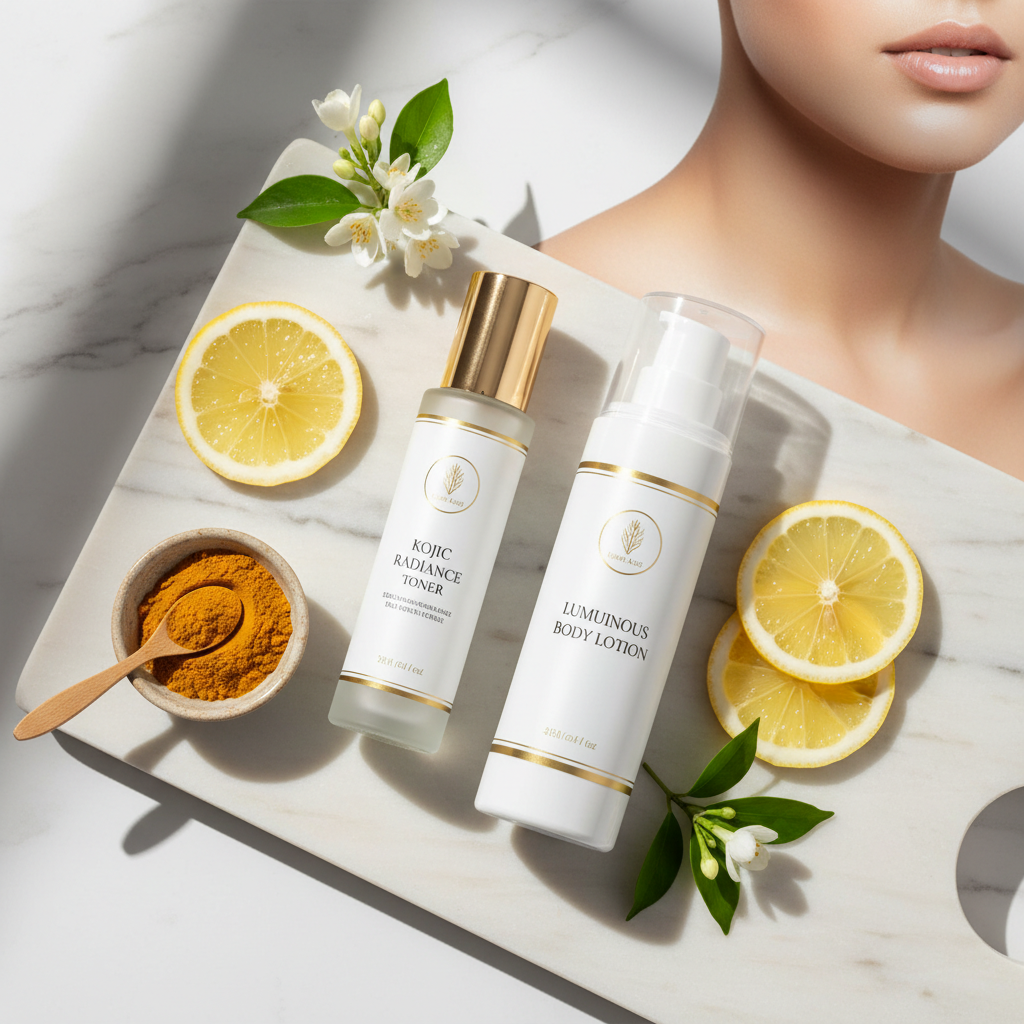 EverGlow Kojic Acid Body Lotion and Toner flat lay on marble with lemon and flowers