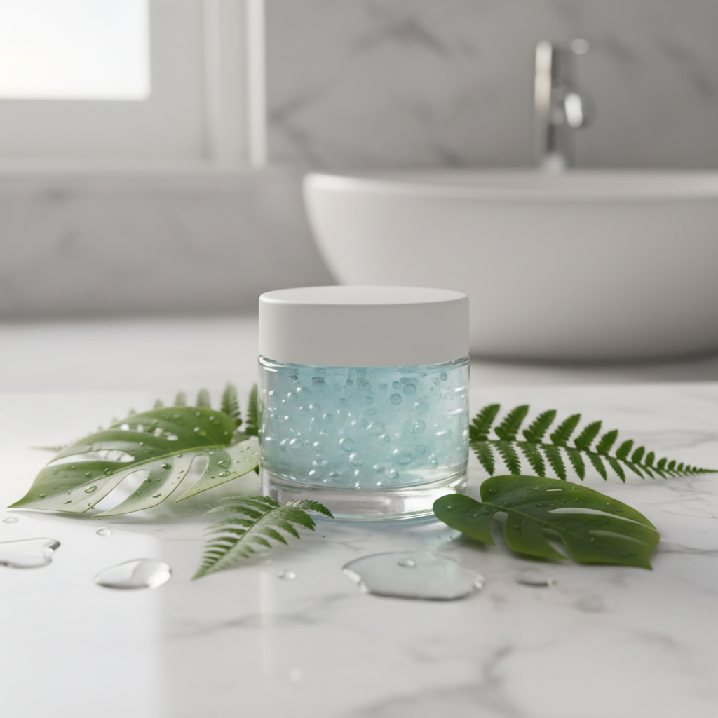 Collagen gel face mask in glass jar on bathroom countertop