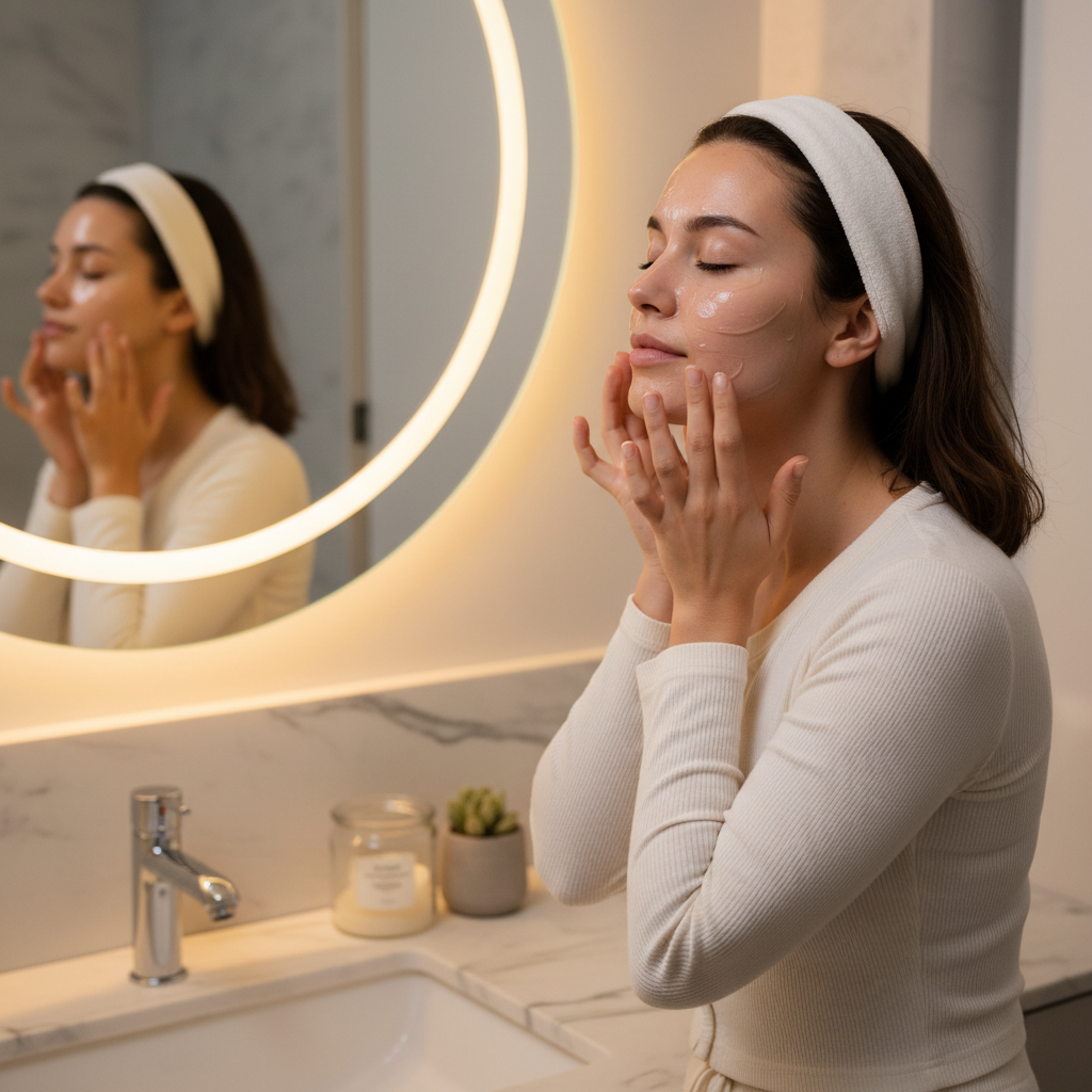 Woman applying collagen overnight sleeping gel mask with glowing skin